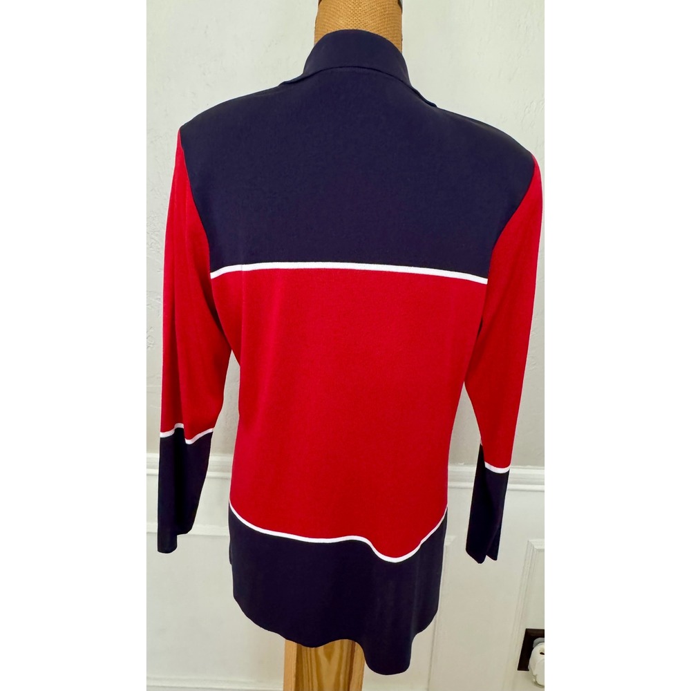 Misook Petite Colorblock Cardigan Navy Blue Red White Open Front Knit Sweater M - Picture 5 of 10